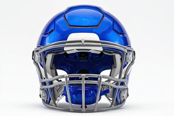 A vibrant blue American football helmet, front view, isolated on white.  The helmet features a glossy finish, a dark navy blue interior, and a gray facemask