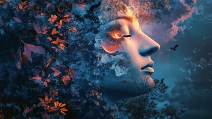 A surreal portrait of a woman with flames and clouds engulfing his head