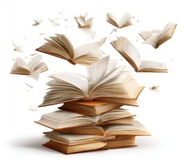Stack of open books, pages flying, isolated white