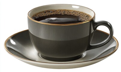 Dark gray coffee cup and saucer, filled with coffee.  A rich, dark beverage sits within a rounded, dark gray cup with a gold rim.  