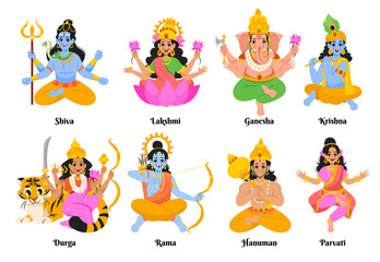 Modern Flat Illustrations of Hindu Gods and Festivals Original Set