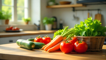 Fresh vegetables on the kitchen table, fresh vegetables in the kitchen, A cinematic ultra-realistic wide shot of a modern bright kitchen setup with fresh vegetables tomatoes, carrots, cucumbers, bel