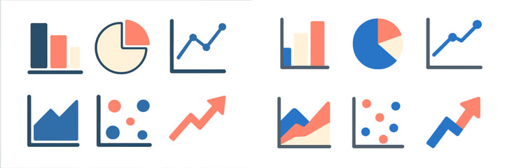 Modern collection of diverse business data visualization charts, graphs, and statistical elements for analysis and reporting