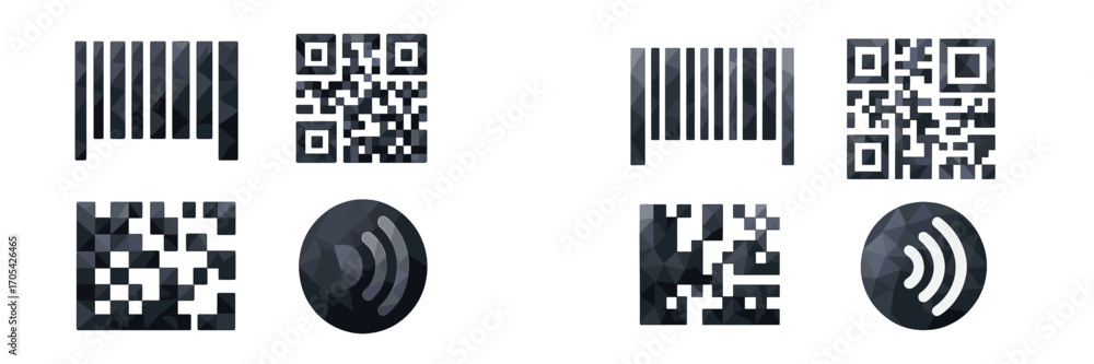 Poster collection of modern data scanning and wireless communication symbols featuring polygonal texture de