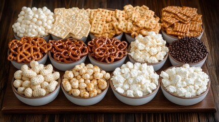 Assorted snack mix in small bowls