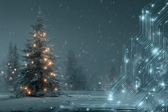 A magical christmas garden under a sky lit with stars and silent snow. Machine learning. Quiet night and gentle snow: a christmas tree shines under twinkling stars. Tech collaboration.