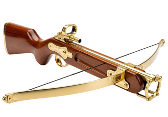 Ornate, golden crossbow with a rich, wooden , presented on a sleek black background.