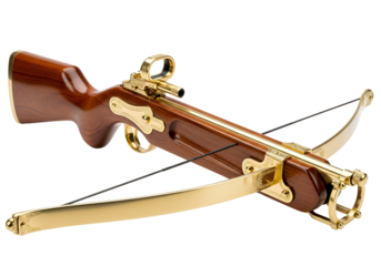 Ornate, golden crossbow with a rich, wooden , presented on a sleek black background.