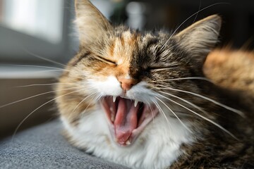Close-up of a yawning fluffy tabby cat with sunlight