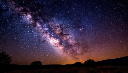 Milky way galaxy illuminating dark night sky, spreading luminous purple, pink, orange colors over peaceful meadow landscape, revealing cosmic brilliance tv wallpaper background