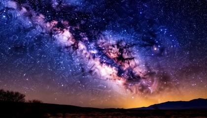 Milky way galaxy arching over tranquil desert terrain, painting nocturnal skyscape with luminous celestial colors during twilight hour tv wallpaper background