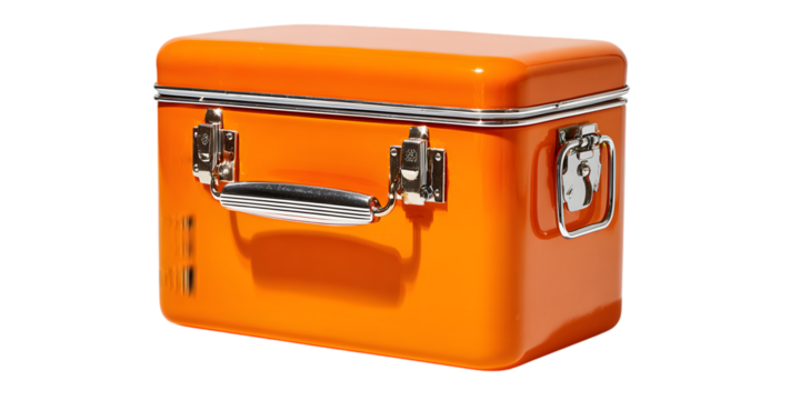 Retro orange cooler with chrome accents on black background