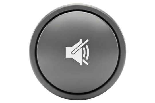 Round grey mute button with a speaker icon for silent mode isolated on a transparent background