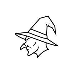 Vector art of a witchs profile with a pointed hat and nose, isolated on white