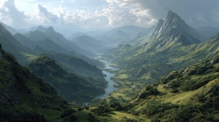 Obraz premium Scenic view of a river valley between mountains under a cloudy sky landscape