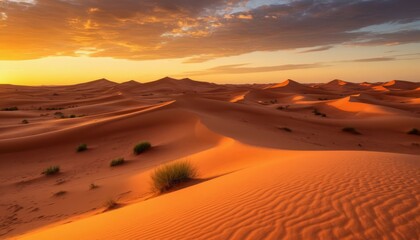 Golden sunrise illuminating rippling sahara sands, long shadows revealing textured dunes with sparse desert vegetation thriving under warm light tv wallpaper background