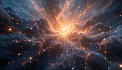 Explosion of vibrant orange light and cosmic dust clouds, suggesting the birth of a star or a supernova event in the vast expanse of the universe