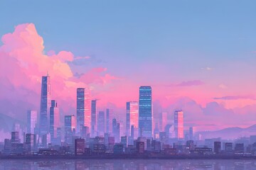 Fototapeta premium Futuristic city skyline with pink and purple sunset clouds
