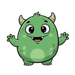 Cute Green Monster Character with Horns and Big Eyes.