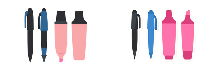 Diverse collection of writing and marking tools featuring black and blue pens and vibrant pink highlighters for office and school supplies