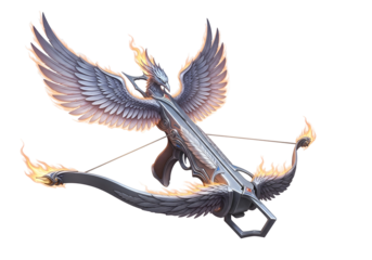 A magnificent crossbow, adorned with majestic, fiery wings, takes flight against a stark black backdrop.
