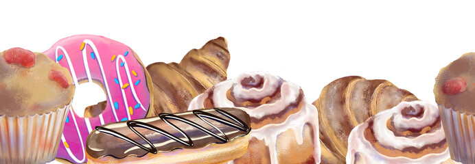 Sweet pastry  horizontal seamless banner with donuts, muffins, eclairs and cinnamon rolls. Delicious dessert illustration for bakery design, festive decoration, menu, or holiday background.
