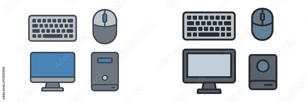 Poster collection of essential computer hardware peripherals including keyboard mouse monitor and desktop t