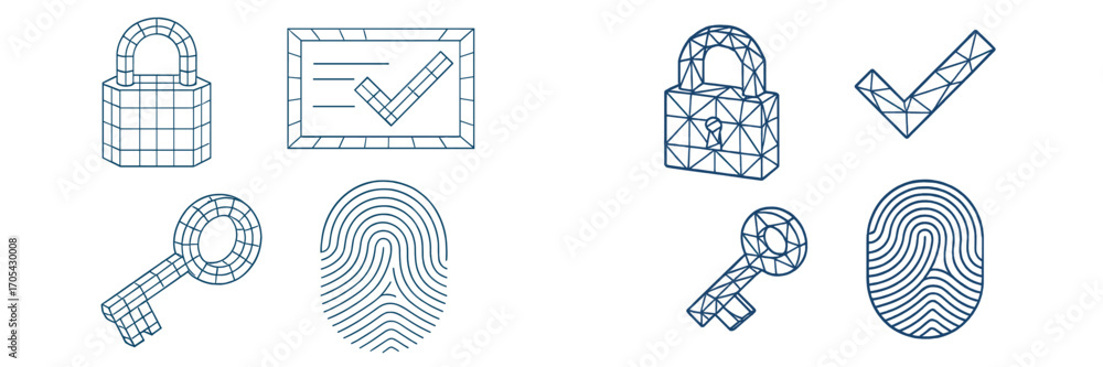 Poster digital security and authentication symbols featuring padlock, key, fingerprint, and checkmark in tw