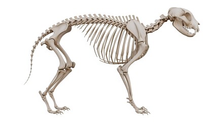 Cat Skeleton: A detailed illustration of a feline skeleton, revealing the intricate bony structure of the animal, is showcased against a pure backdrop, highlighting the biological design.