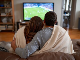 Fototapeta premium A couple sits together on a couch, wrapped in a blanket, watching a soccer game on television.