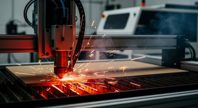 Industrial Laser Cutting Machine Sparking on Wood Sheet in Factory
