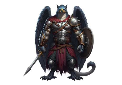A magnificent griffin warrior in elaborate, detailed armor stands poised, sword and shield ready for battle against a dark background.