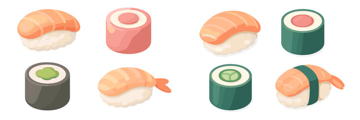 Delicious Japanese sushi and maki rolls with salmon, tuna, shrimp, and cucumber, a traditional Asian cuisine © icon_art