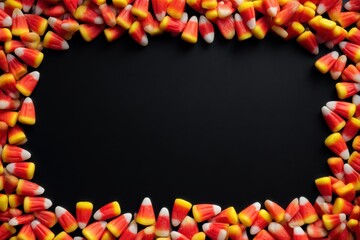 Colorful Halloween candy corn border forming a frame on a black background with copy space.