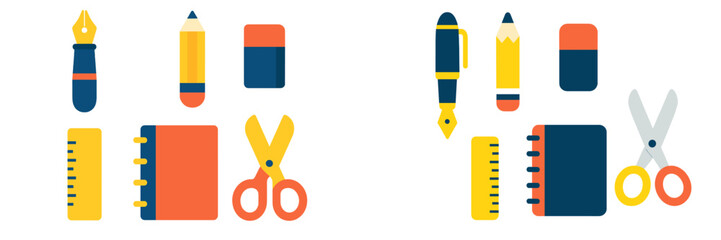 Essential school and office supplies featuring fountain pen, pencil, eraser, ruler, notebook, and scissors for various tasks