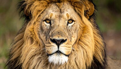 Obraz premium Majestic male lion with a powerful gaze and golden mane portrait.