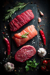 Selection of Raw Beef Cuts with Herbs AI Generative