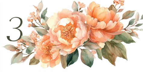 Peachy floral bouquet, soft watercolor style, with number 3