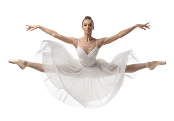 Elegant ballerina performing graceful horizontal jump with arms and legs extended