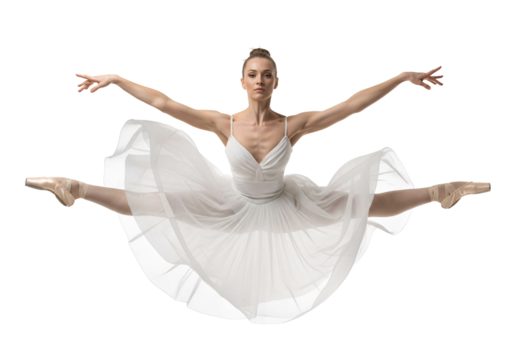 Elegant ballerina performing graceful horizontal jump with arms and legs extended