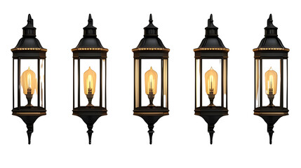 Row of vintage metal lanterns isolated PNG with Transparent Background