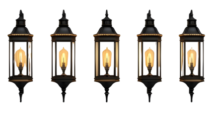 Row of vintage metal lanterns isolated PNG with Transparent Background