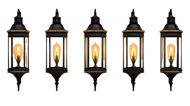 Row of vintage metal lanterns isolated PNG with Transparent Background
