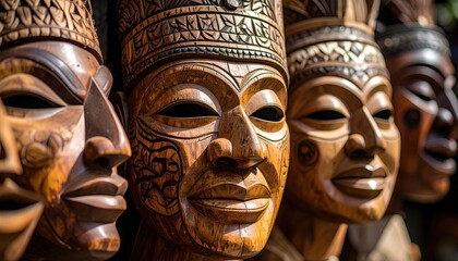 Fototapeta premium Detailed Carved Wood Masks Displayed Under Soft Natural Light Featuring Cultural Art and Traditional Craftsmanship and Ethnic Artwork