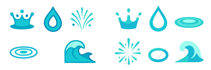 Collection of stylized water elements including drops, splashes, waves, and ripples in various shades of blue