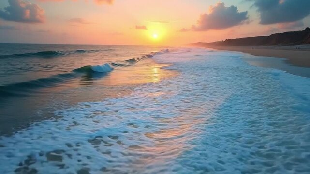 Large foamy waves at high tide, drone . Sunrise over the sea, view from above. There is no land.