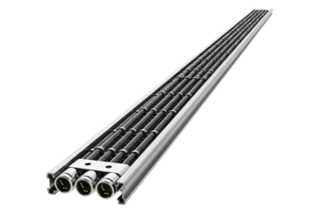 Industrial metal cable tray with bundles of braided wiring isolated on a transparent background