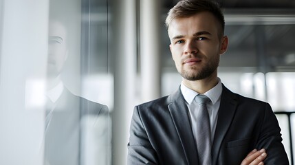 Fototapeta premium A professional consultant in formal attire, exuding confidence against a blurred office backdrop.