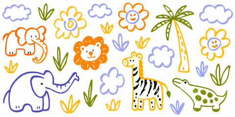 Cute cartoon jungle animals and tropical elements in a playful hand drawn style