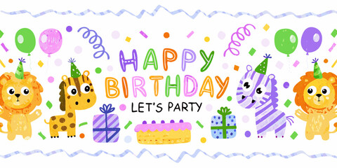 Cute cartoon animals celebrating a happy birthday party with balloons and gifts